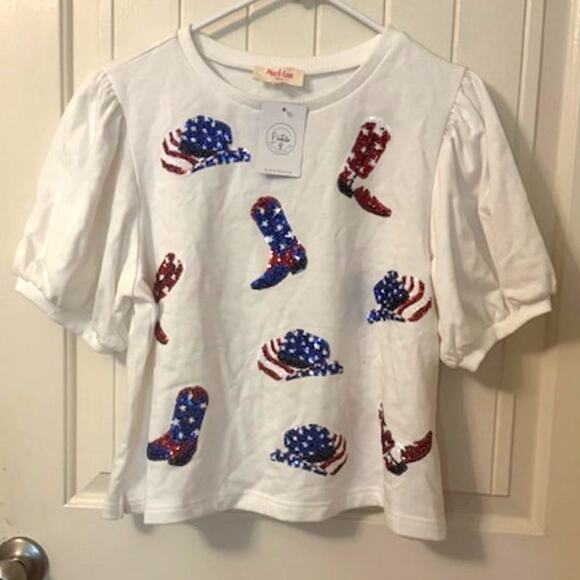NWT Peach Love Sequin Boot Scootin 4th Of July USA Puff Sleeve Top M - Picture 5 of 9